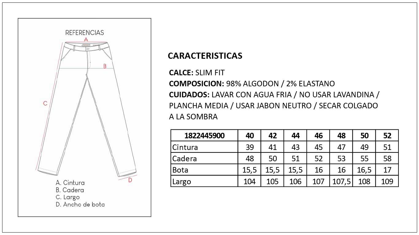 Tabla de Talles Pantal&oacute;n Chino Slim Hombre Britches
